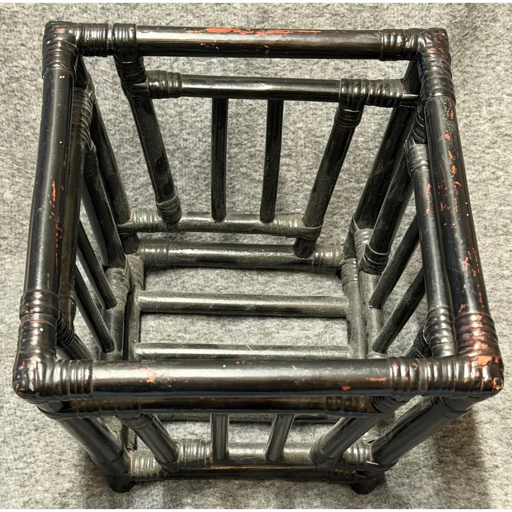 VTG Black Rattan Faux Bamboo Square Planter Basket Storage Chinoiserie Style